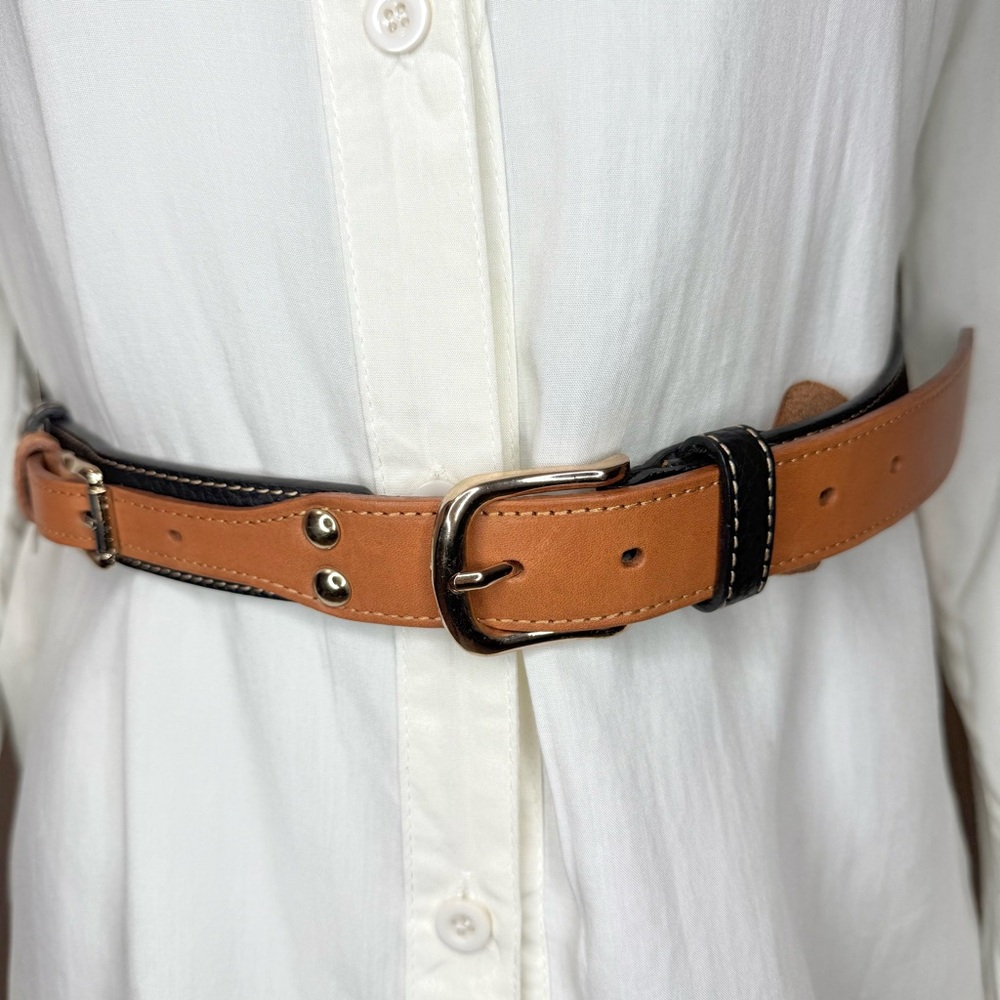 Black brown genuine leather gold tone buckle skinny belt